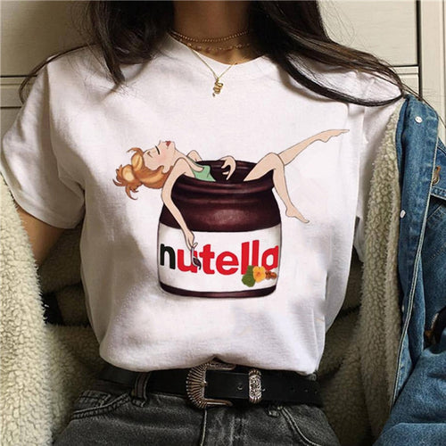 2019 Nutella Print T Shirt Women 90s Harajuku Kawaii  Fashion T-shirt Graphic Cute Cartoon Tshirt Korean Style Top Tees Female