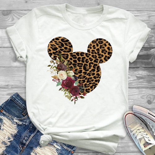 2019 Women Leopard Printed Graphic Flower Fashion T-Shirt Mouse Micky Ear Shirt Tumblr Tee Hipster Female T Shirt Tees
