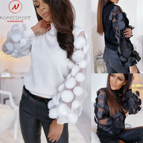 Fashion Women Spring Autumn T-Shirts Dot Print Lace Decor See Through O-Neck Puff Sleeve Solid Color Slim Pullovers Top