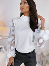 Load image into Gallery viewer, Fashion Women Spring Autumn T-Shirts Dot Print Lace Decor See Through O-Neck Puff Sleeve Solid Color Slim Pullovers Top